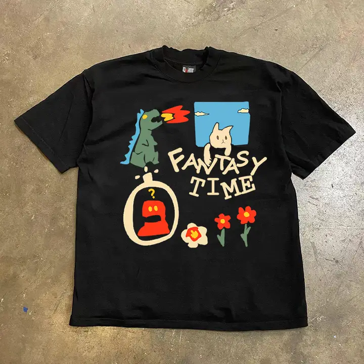 重厚感のあるコットン製オーバーサイズTシャツ【原宿風・クリエイティブプリント】
