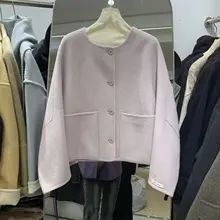 丸首ボタンデザイン ダブルフェイスコート【秋冬用・ゆったり・シンプル・ウール素材】