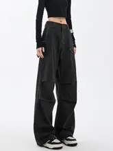 秋冬用 高腰ストレートワイドパンツ【黒色・デニム・工装デザイン・裾フリル】