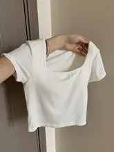 白色のショルダーTシャツ【女性用・ショート丈・カップ付き・ワイドカラー】