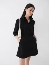 驚きのデザイン！ハイウエスト黒ポロシャツ風シャツワンピース【半松緊ウエスト・秋用】