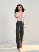 ストライプ切替のリボン付きカジュアルパンツ【ゆったりストレート・春用】（セットアップ対応）