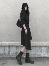 ウエスト絞りが美しい暗黒色のフレアワンピース【初恋スタイル・シャツデザイン】