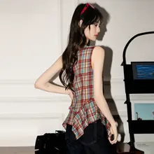 チェック柄アシンメトリックノースリーブキャミソールワンピース【女性用・オープンショルダー・美背デザイン】（セットアップ対応）