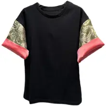 中国風刺繍入り フリップカフスデザイン 短袖Tシャツ【女性用・秋季向け・お洒落】