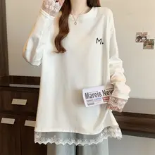 白色レースコンビネーション長袖Tシャツ【大きいサイズ・秋用・ミディ丈】