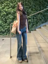 ハイウエストアメリカンスタイルのフレアデニムパンツ【女性用・スリムフィット・春夏用・ロング】