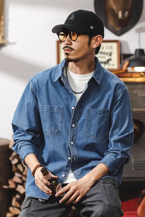 アメリカンレトロデニムシャツ【長袖・ゆったりサイズ・カジュアル・ワークウェア】（セットアップ対応）