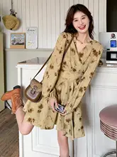 春季用フラワープリントVネックワンピース【フレンチスタイル・ティータイムにぴったり・小柄向け】
