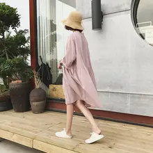 夏用 大きいサイズの短袖リボン付きコットンリネンワンピース【ルーズフィット・中長丈】（セット アップ対応）