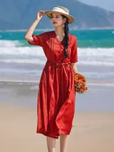 通勤にぴったりなVネック大ぶりスカート【高腰・赤・夏用・旅行やビーチに最適】