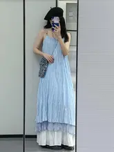 エレガントなブルーのキャミソールワンピース【夏用・リゾートスタイル・ロング丈】