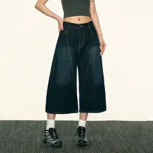 デニムパンツ レディース アメリカン風 バックウエスト レタープリント カーブドヘム ワイド 七分丈 サマー デザイン性 着回し 「Aaisup」