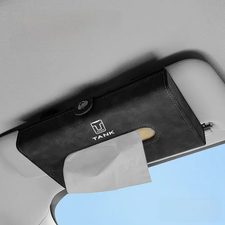 タンク型 フェイクムートン製 サンシェード兼用ティッシュケース【車載用・鏡付き・内装用品】