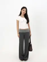 ストライプ柄のリボン付きウエストハイライズストレートワイドパンツ【リラクシー・春夏用】（セットアップ対応）