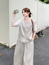 独特で美しい夏用レディースコーディネート【シンプルなベスト・白Tシャツ・ワイドパンツ】（セットアップ対応）