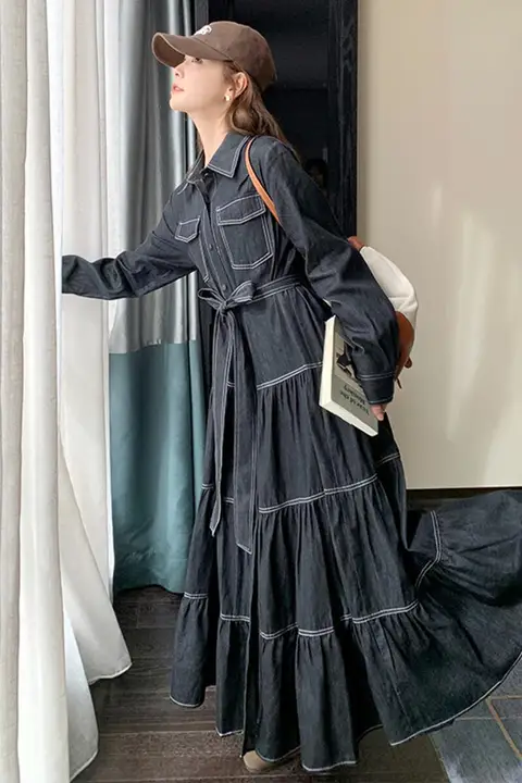独特なデザインのデニムシャツワンピース【春秋用・ロングケーキスカート】