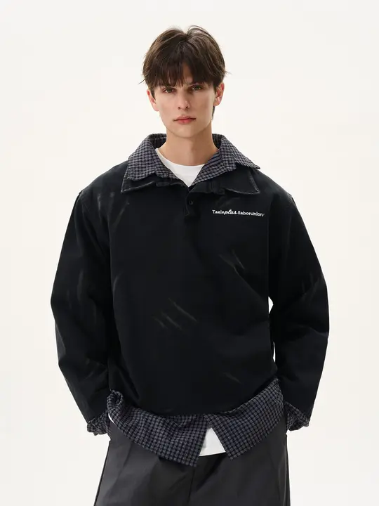 ヴィンテージ風ウォッシュチェックシャツ重ね着ポロカラーセーター【ユニセックス・ゆったりフィット】（セットアップ対応）