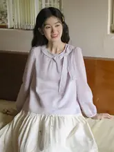 淡い紫色のレースリボン付き長袖シャツ【麻と天絲使用・秋用・ルーズフィット】