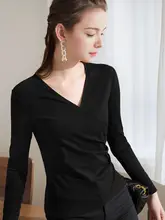 交差Vネックの女性用フィット感ある綿長袖Tシャツ【ウエストリボン・フリルデザイン・春秋用】