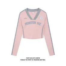 アメリカンレトロカラーVネック長袖Tシャツ【ショート丈・フィットデザイン・クロップド・スポーツスタイル】