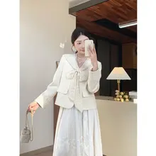 リボン付きレース刺繍デザインの春用ジャケット【女性用・フレンチスタイル】