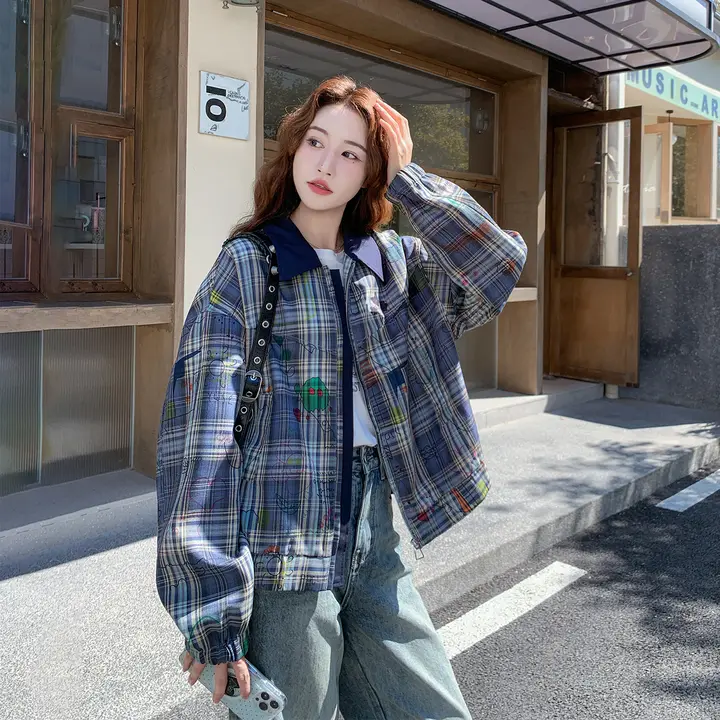 アメリカンビンテージ風グラフィティチェック柄ショートジャケット【学院風・フリル付き・秋春用】（セットアップ対応）