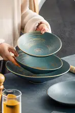 大号 陶瓷ボウル【金色の装飾・ブルー釉薬・家庭用・スープや麺用】