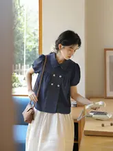 洗い加工デニムダブルボタンダウンショートスリーブシャツ【フロントプリーツ・ネイビートーン】