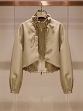 カジュアルな高齢ファスナー付きロングスリーブコート【カーキ・ショート丈・秋用】