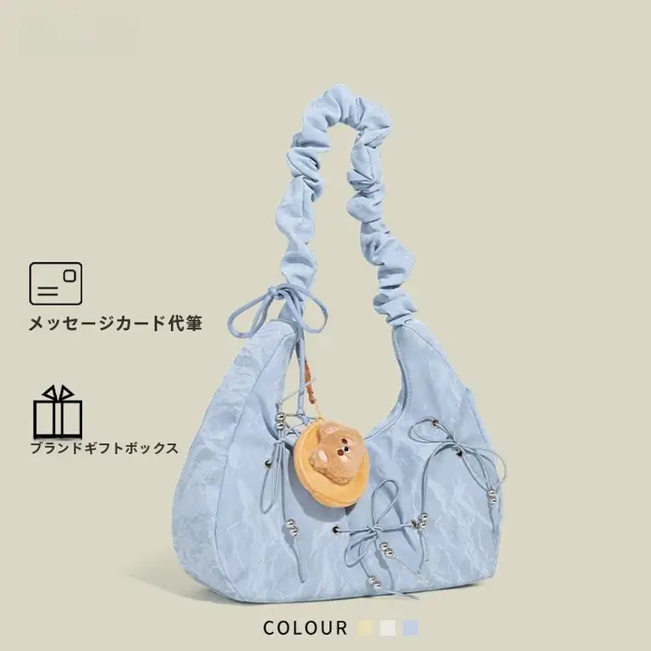 リボンデザインのしわ加工クラウド型ショルダーバッグ【春季・大容量・斜め掛け対応】