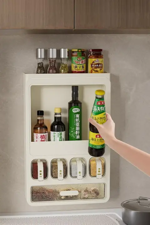 壁掛け調味料ラック【穴あけ不要・多機能・オイル・塩・醤油・酢用・多層収納】