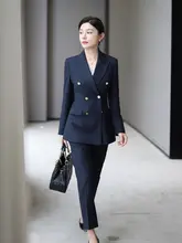 YSJX 藏青色 ショート丈スリムフィットジャケット & パンツセット【ビジネスカジュアル・女性用】