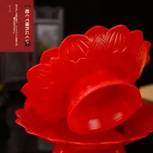 赤色プラスチック製 高脚蓮花型果物皿【中華風・装飾用】