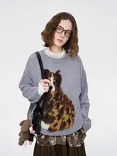 犬柄デザインセーター【ラウンドネック・フェイクミンク・ウール・長袖・暖かい】