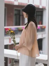真絲混紡の五分袖軽量中華風プルオーバーシャツ【薄手・夏用】（セットアップ対応）