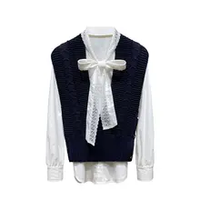 おしゃれなリボン付きトップス【フレンチスタイル・ニット素材・秋用】（セットアップ対応）