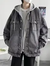 春秋用 メンズデニムジャケット【フード付き・ゆったりサイズ・カジュアルデザイン】（セットアップ対応）