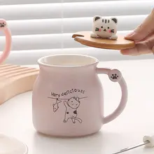 猫デザインの紫色セラミックマグカップ【蓋付き・スプーン付き】