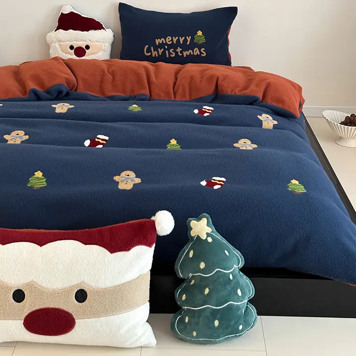 冬季用極上の柔らかさのダブルフェイス刺繍ベッドカバーセット（セットアップ対応）