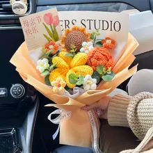手作り編みのひまわりとチューリップのミックス造花ブーケ【母の日や誕生日のギフトに最適】