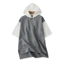 おしゃれなカラーブロックフード付きミディアム丈スウェット【夏秋向け・ゆったりフィット】