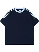 海軍ブルーの半袖Tシャツ【デザイン感あるラウンドネック・衿部分異素材】