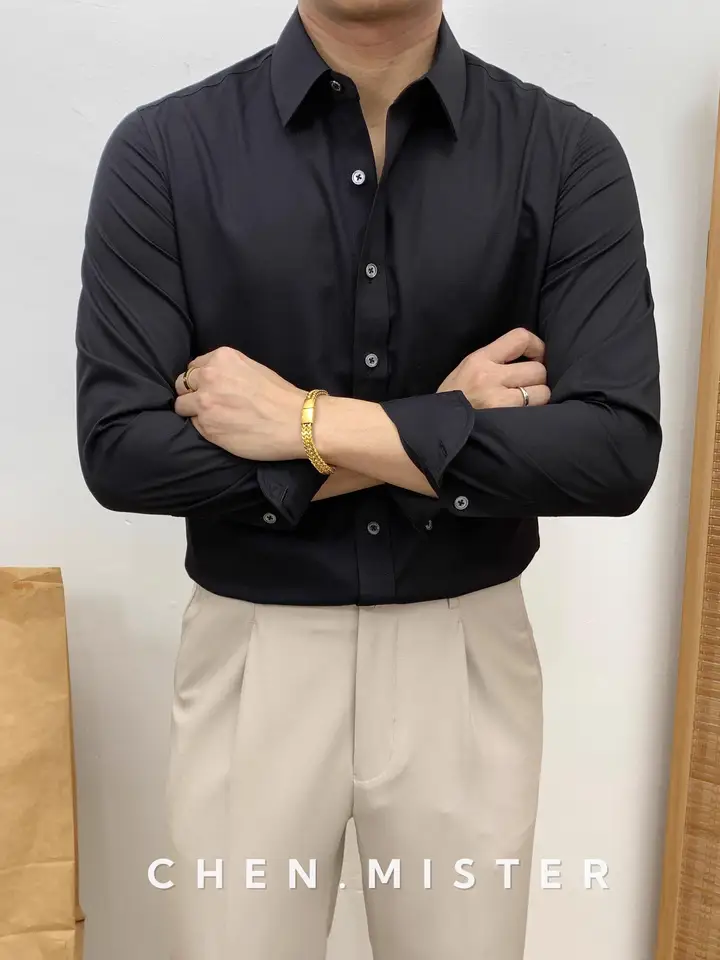 ビジネス用 天然青色の長袖シャツ【通勤・設定ファッション・しわになりにくい】