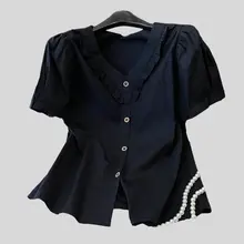 黒いVネック短袖シャツ【女性用・オシャレなデザイン・独特なスタイル】
