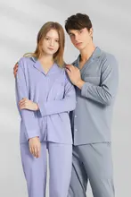 長袖カップル用パジャマ【純綿・秋冬用・高級感あるデザイン】（セットアップ対応）