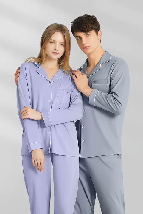 長袖カップル用パジャマ【純綿・秋冬用・高級感あるデザイン】（セットアップ対応）