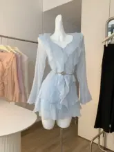 涼しげな装い！微透かしデザインのラッフル袖長袖シャツとフレアスカート【防晒・優雅なスタイル】（セットアップ対応）