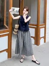 深い青のベストとストライプのミディスカート【夏用・韓国風・チックスタイル・二部構成】（セットアップ対応）