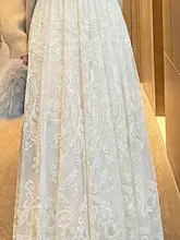 デザイン感ある杏色のAラインレース切替ハイウエストスカート【大きいサイズ・中丈・女性用】（セットアップ対応）